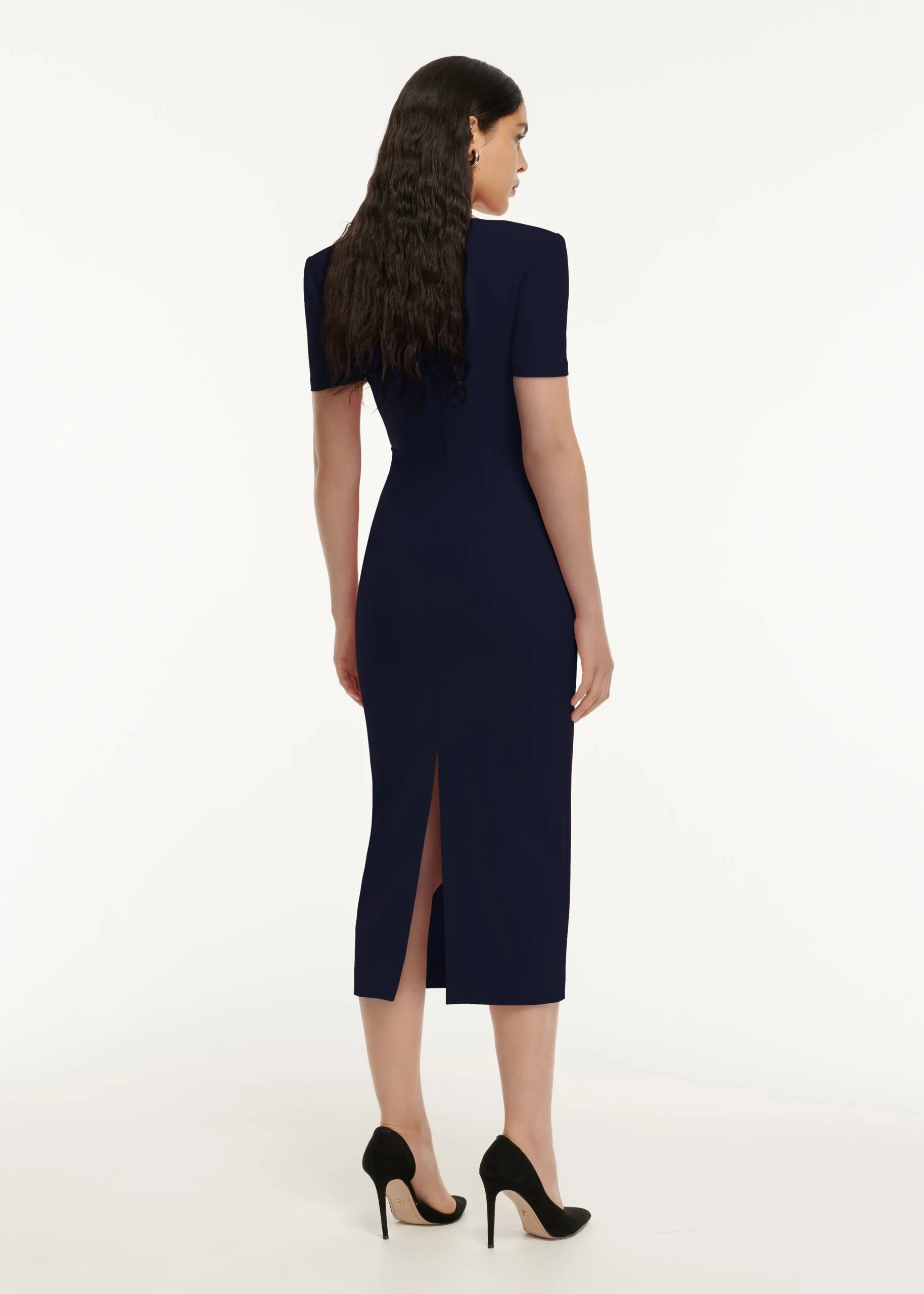 Ready To Wear|Ready To Wear Roland Mouret Short Sleeve Crepe Peplum Midi Dress Navy