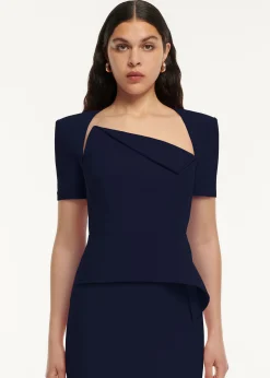 Ready To Wear|Ready To Wear Roland Mouret Short Sleeve Crepe Peplum Midi Dress Navy