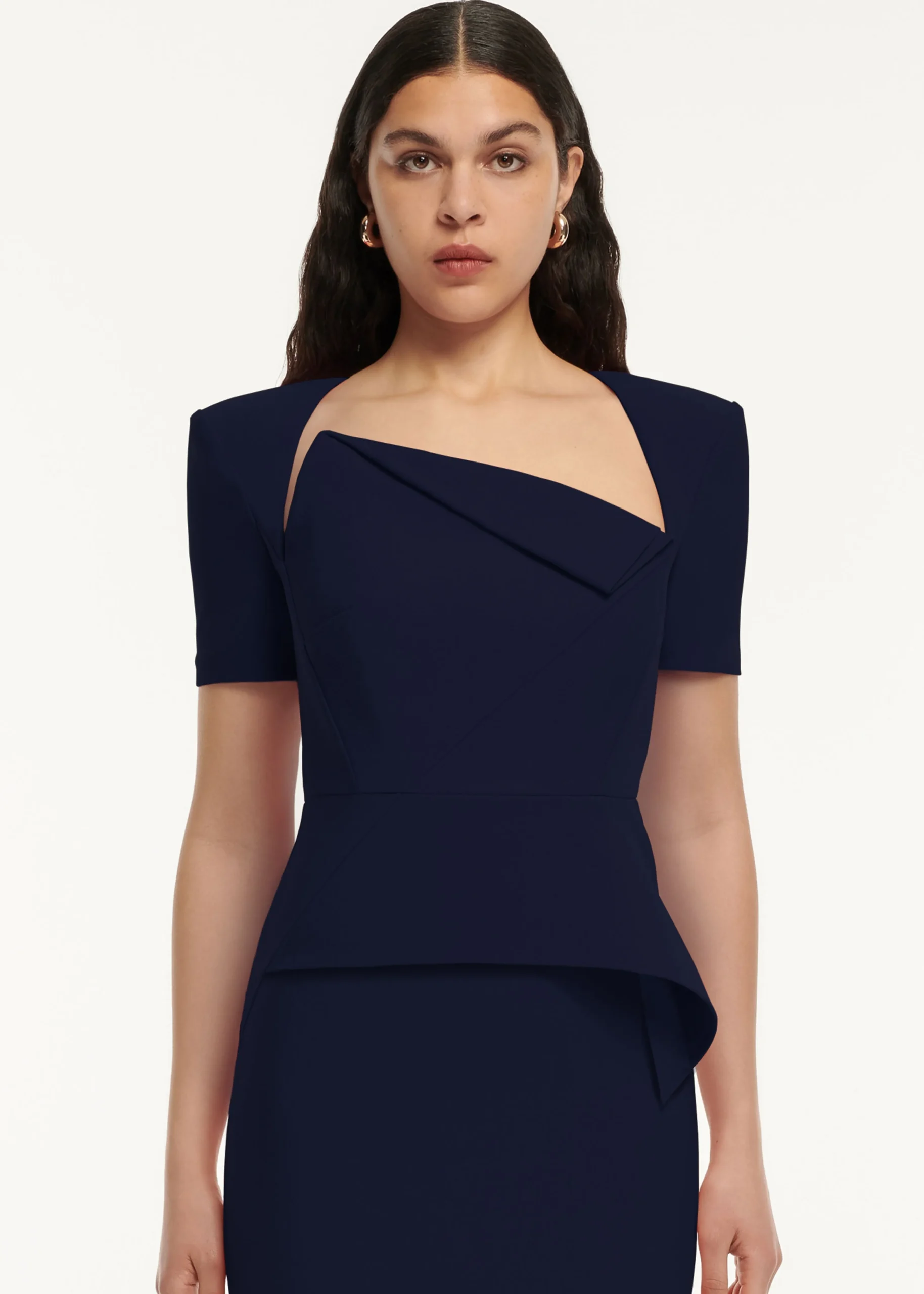 Ready To Wear|Ready To Wear Roland Mouret Short Sleeve Crepe Peplum Midi Dress Navy
