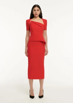 Ready To Wear|Ready To Wear Roland Mouret Short Sleeve Crepe Peplum Midi Dress Red