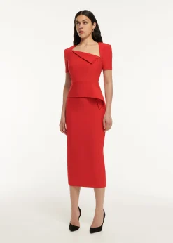Ready To Wear|Ready To Wear Roland Mouret Short Sleeve Crepe Peplum Midi Dress Red