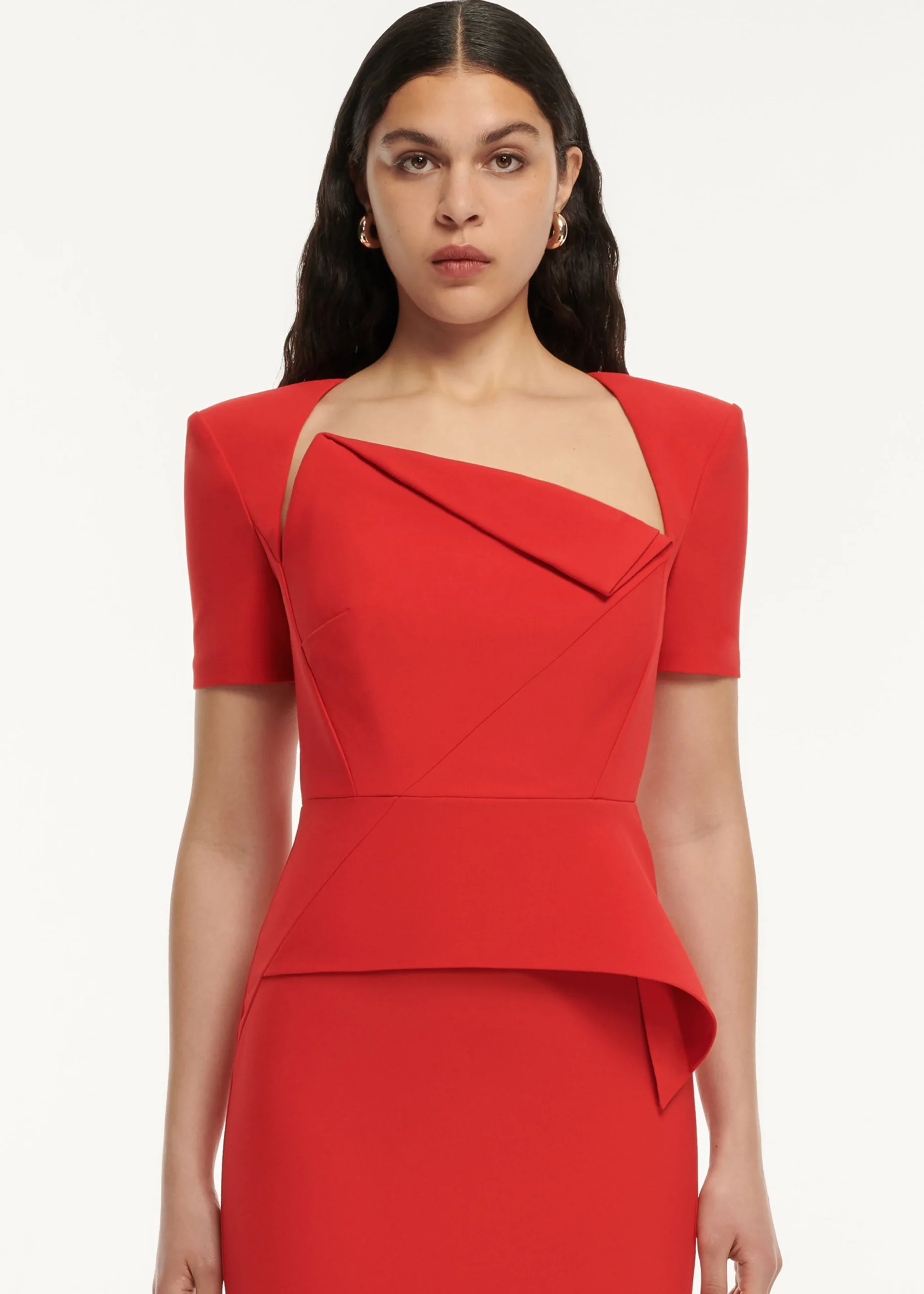 Ready To Wear|Ready To Wear Roland Mouret Short Sleeve Crepe Peplum Midi Dress Red