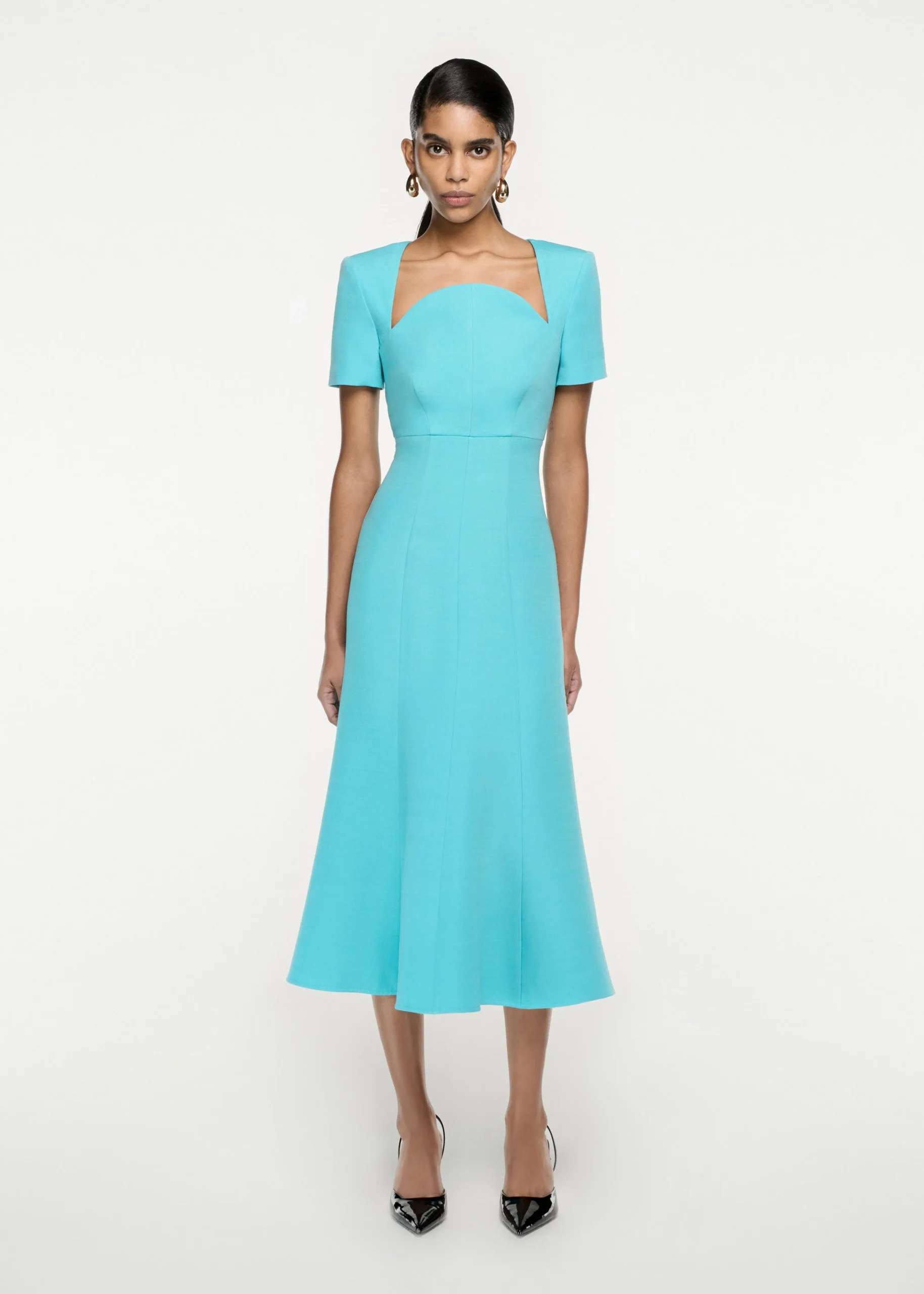 Ready To Wear|Ready To Wear Roland Mouret Short Sleeve Silk Wool Midi Dress Blue