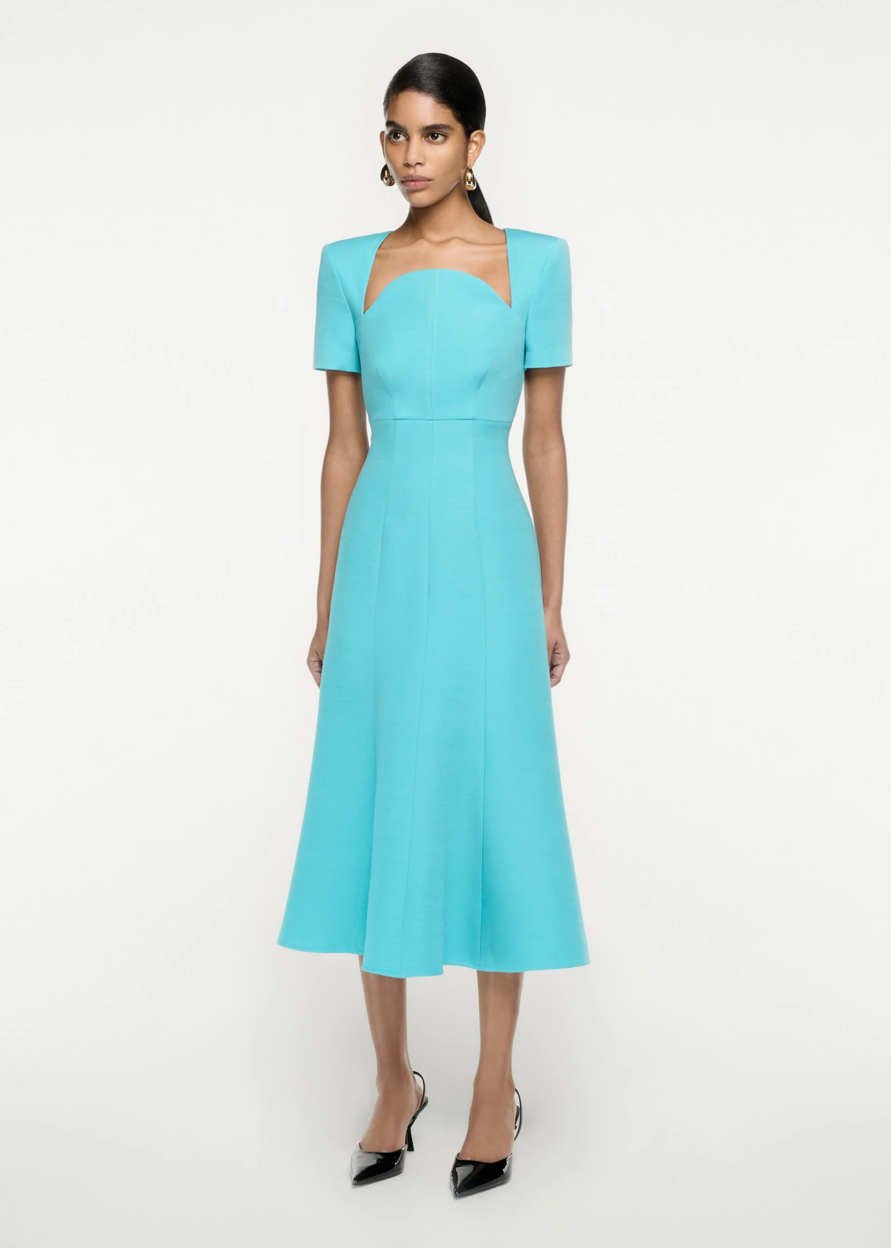 Ready To Wear|Ready To Wear Roland Mouret Short Sleeve Silk Wool Midi Dress Blue