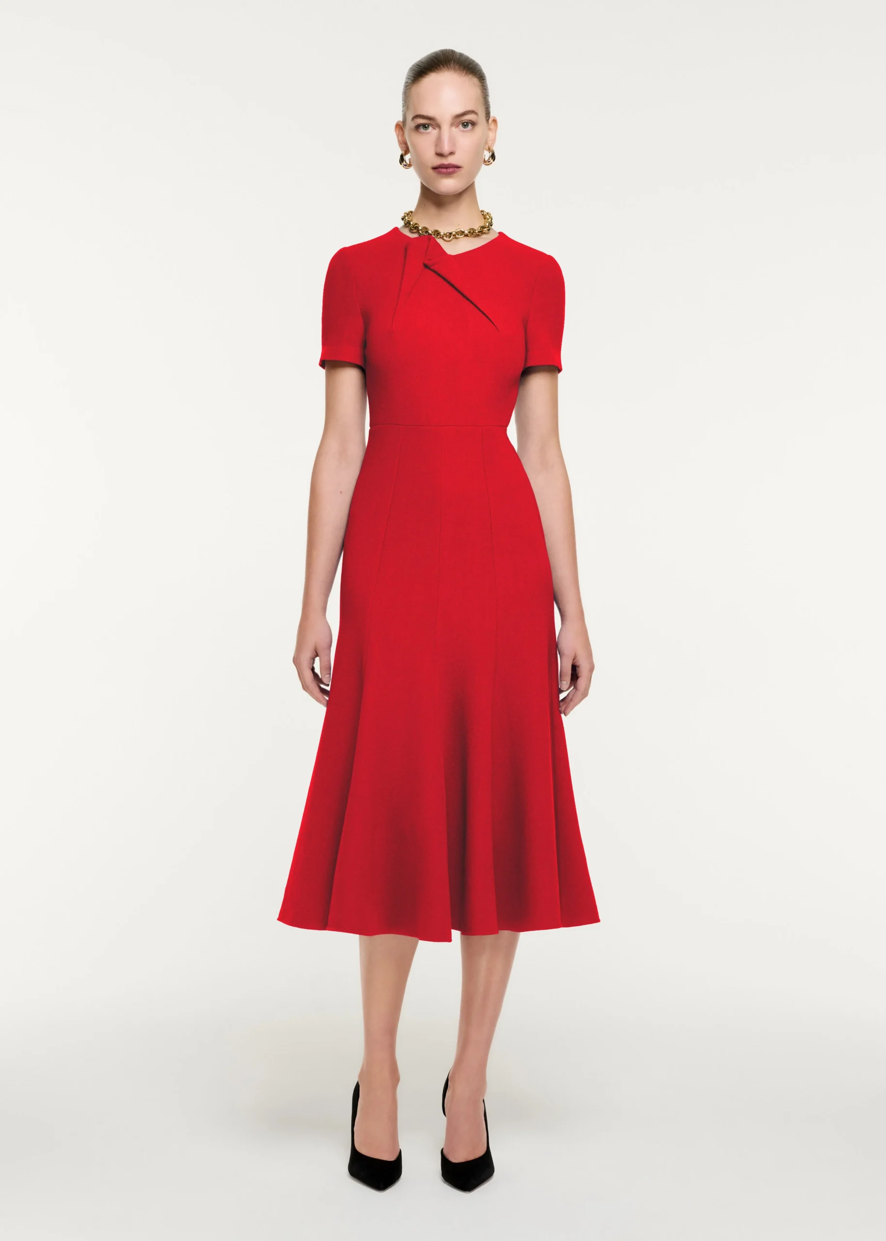 Ready To Wear|Ready To Wear Roland Mouret Short Sleeve Wool Crepe Midi Dress Red
