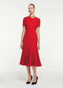 Ready To Wear|Ready To Wear Roland Mouret Short Sleeve Wool Crepe Midi Dress Red