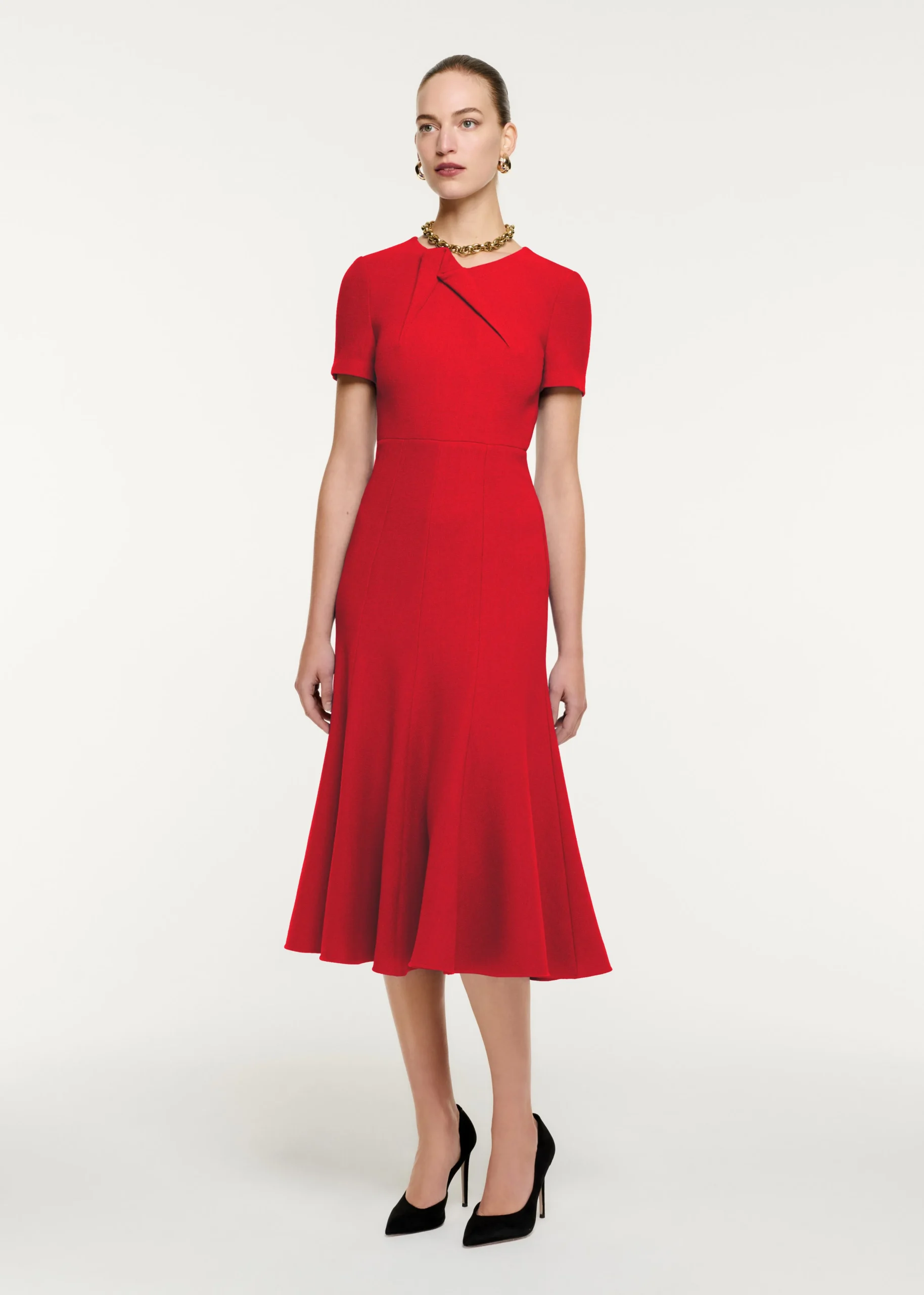 Ready To Wear|Ready To Wear Roland Mouret Short Sleeve Wool Crepe Midi Dress Red