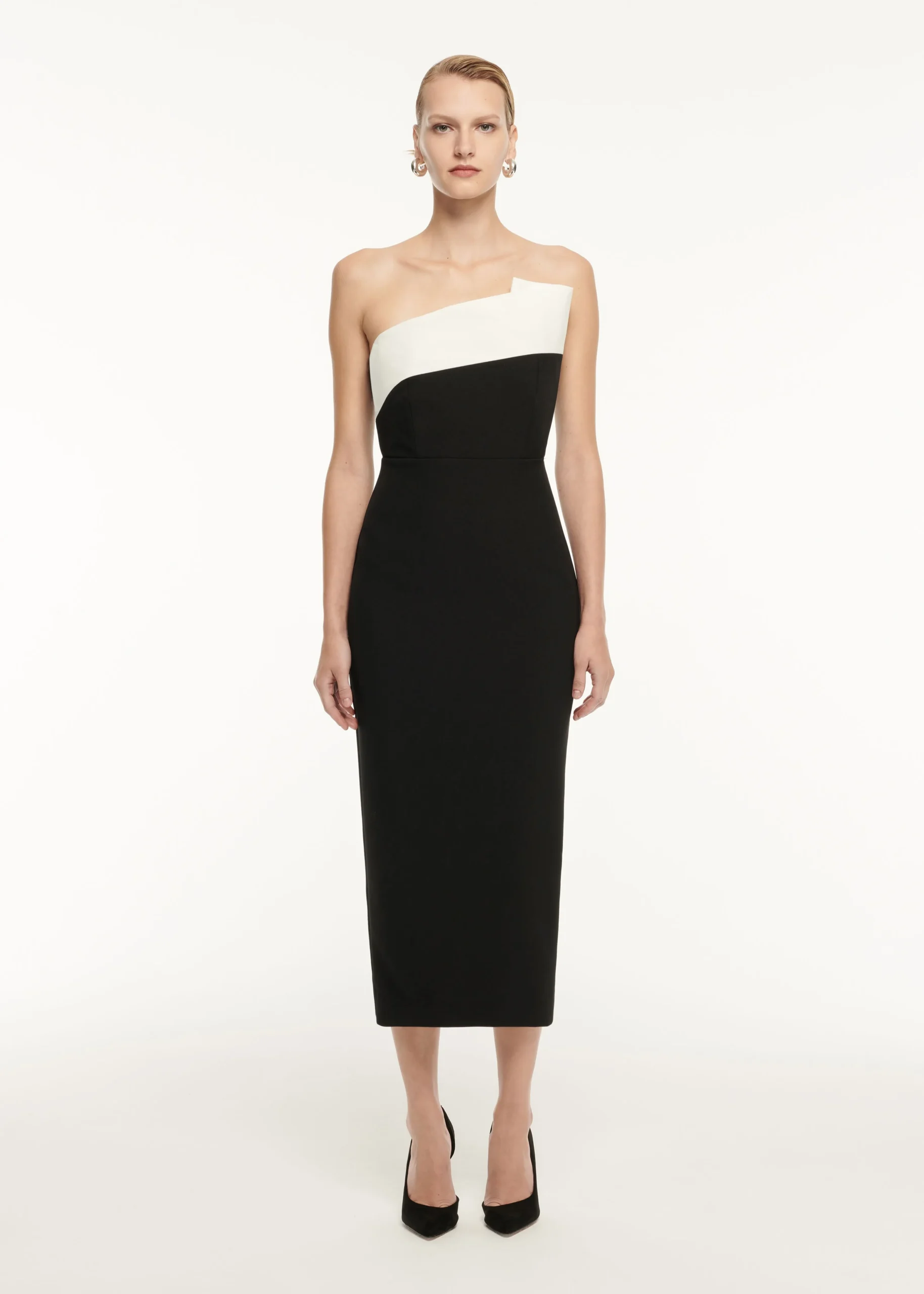 Ready To Wear|Ready To Wear Roland Mouret Strapless Drape Detail Crepe Midi Dress Monochrome