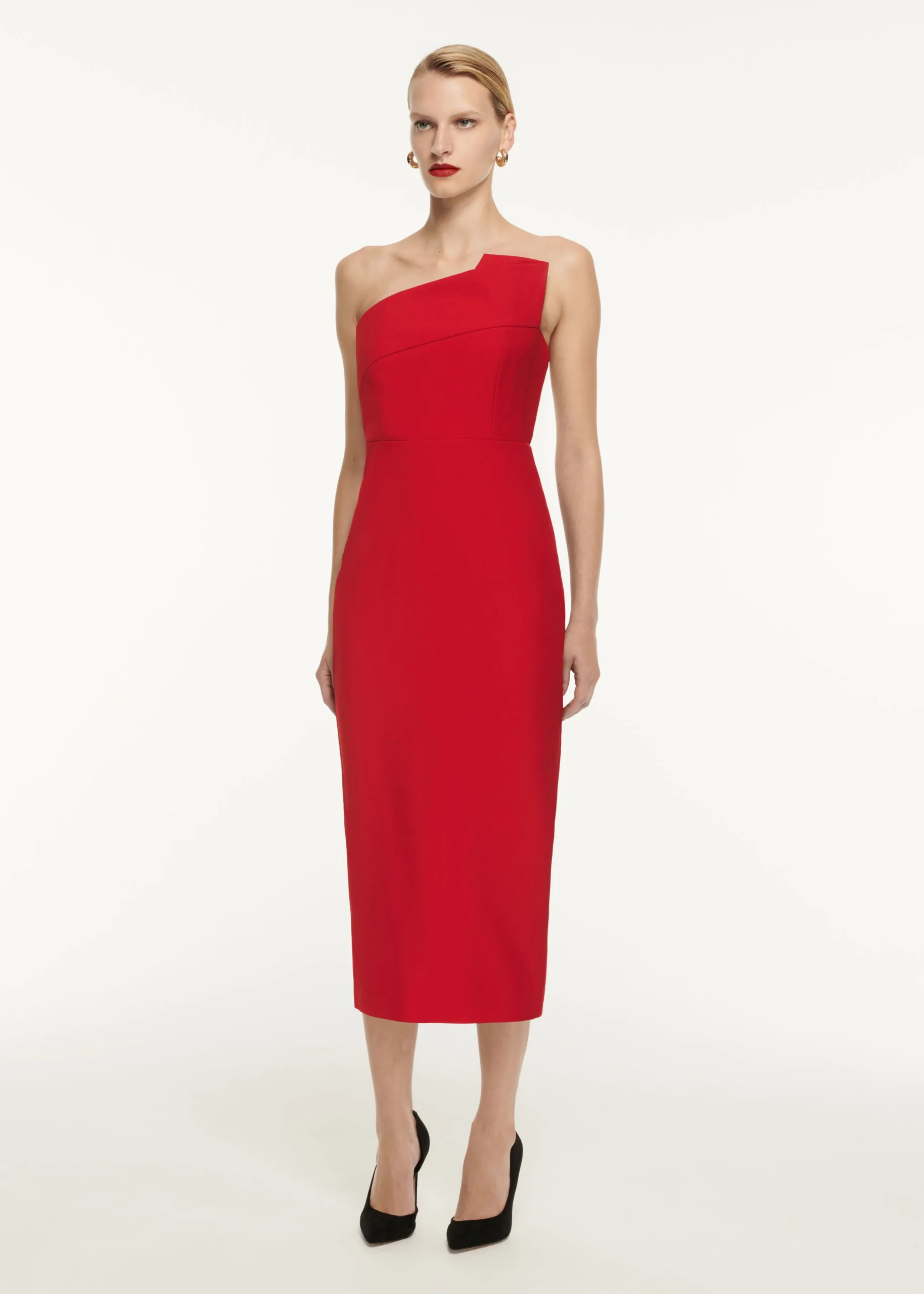 Ready To Wear|Ready To Wear Roland Mouret Strapless Drape Detail Crepe Midi Dress Red