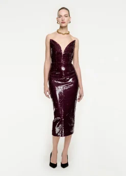 Ready To Wear|Ready To Wear Roland Mouret Strapless Sequin Midi Dress Maroon