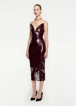 Ready To Wear|Ready To Wear Roland Mouret Strapless Sequin Midi Dress Maroon