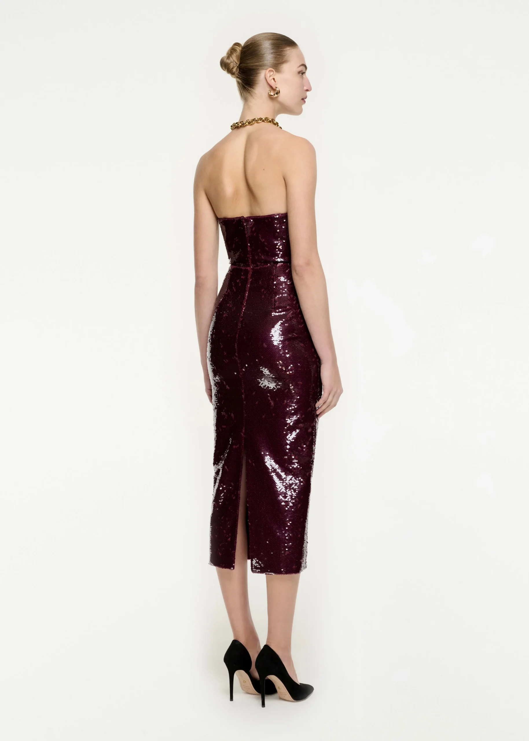 Ready To Wear|Ready To Wear Roland Mouret Strapless Sequin Midi Dress Maroon