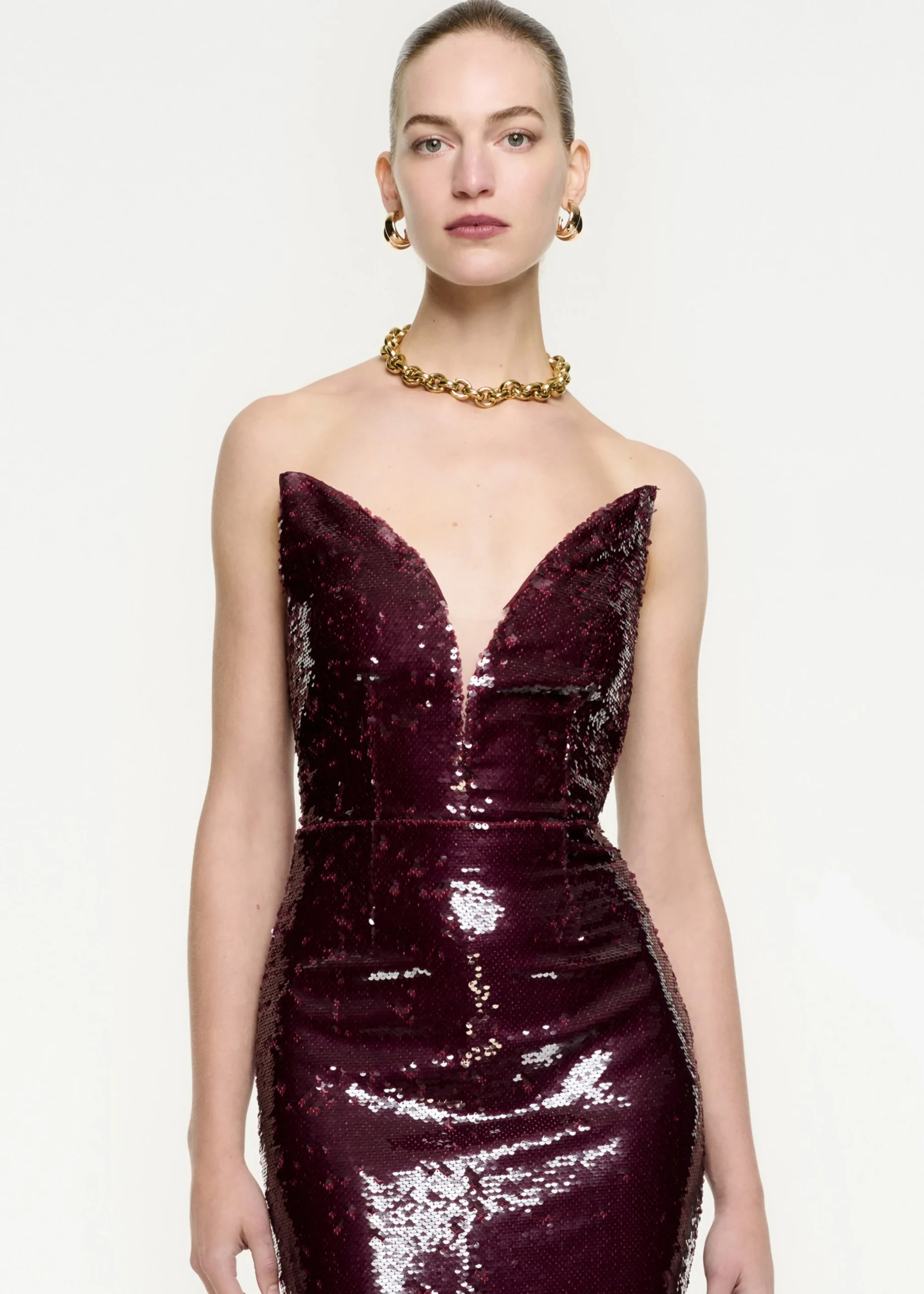 Ready To Wear|Ready To Wear Roland Mouret Strapless Sequin Midi Dress Maroon