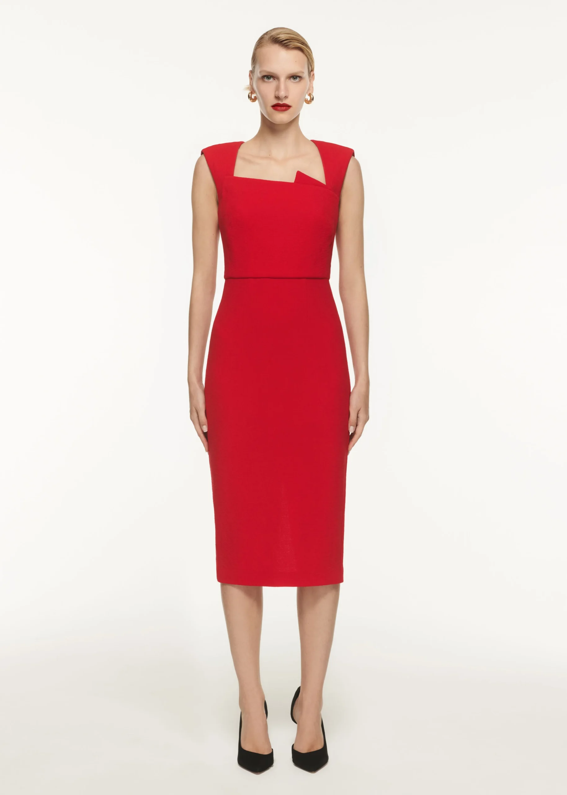 Ready To Wear|Ready To Wear Roland Mouret Wool Crepe Drape Detail Midi Dress Red