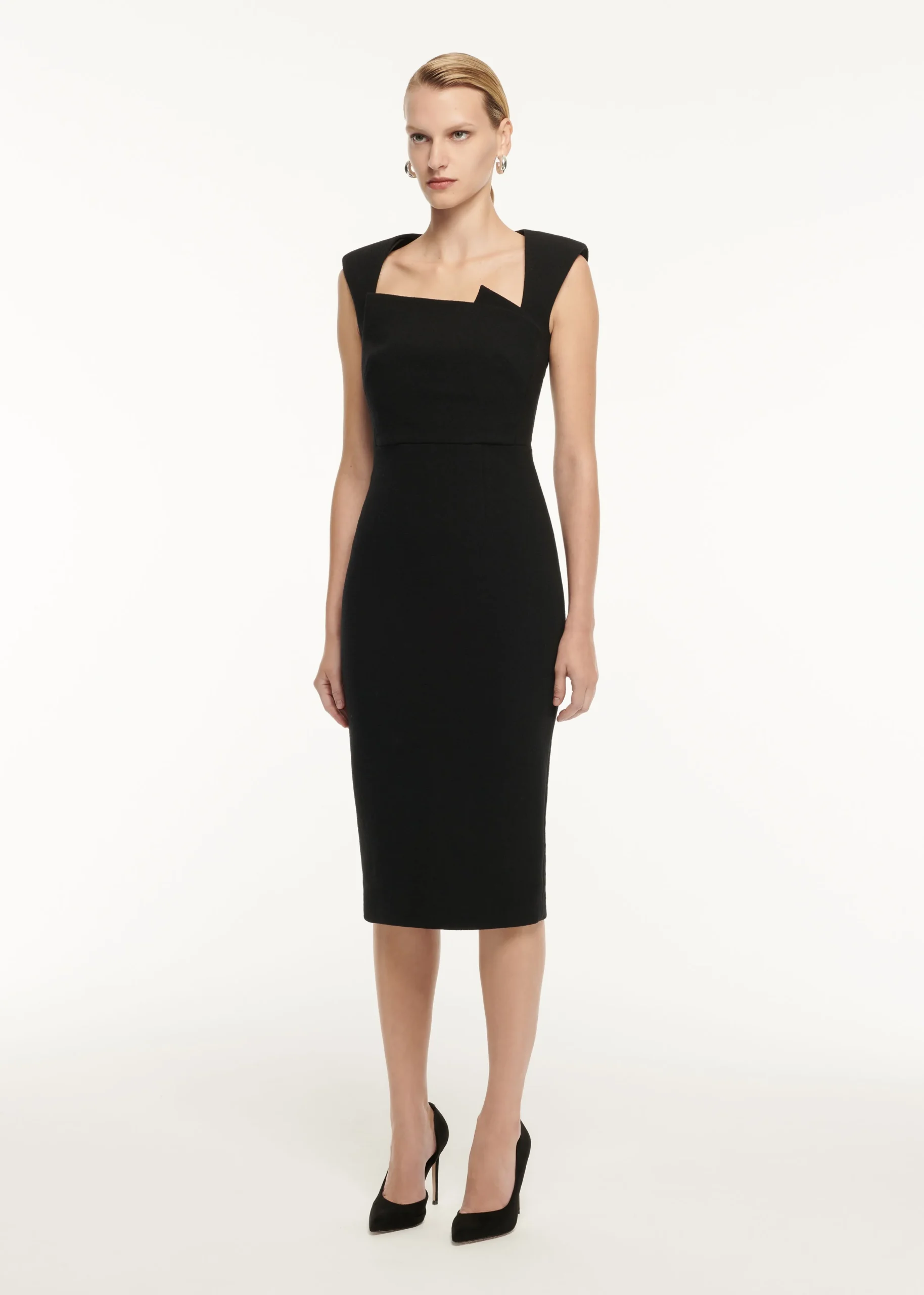 Ready To Wear|Ready To Wear Roland Mouret Wool Crepe Drape Detail Midi Dress Black